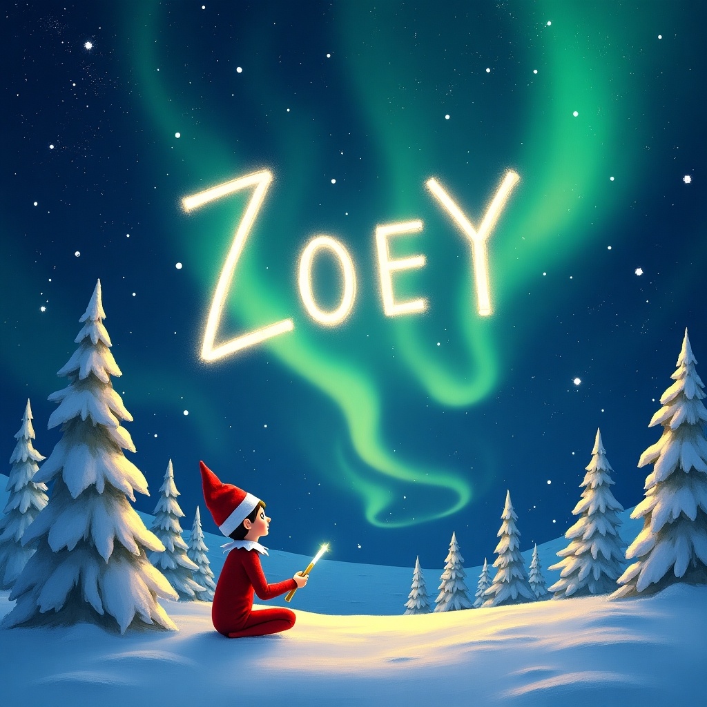 An enchanting winter scene with a playful elf on the shelf character sitting in the snow. The elf is writing the name 'Zoey' in the sky with a magical light. Above, the northern lights paint the sky in vibrant greens. Snow-covered pine trees surround the elf, adding to the festive atmosphere. It captures the magic of Christmas and the joy of childhood imagination.