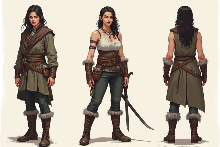 Character turnaround sheet showcases a young woman warrior. She has Patagonian features. Displayed in three views: front, side, and back. Equipped with a sword and wearing a stylish outfit. Detailed accessories enhance visual appeal.