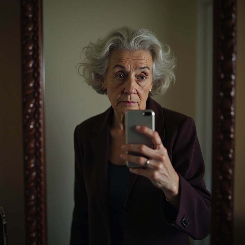 Elderly woman posing in front of a mirror. She is taking a reflective selfie. The setting is intimate and calm. Natural light enhances the scene. Older woman wearing a simple outfit.