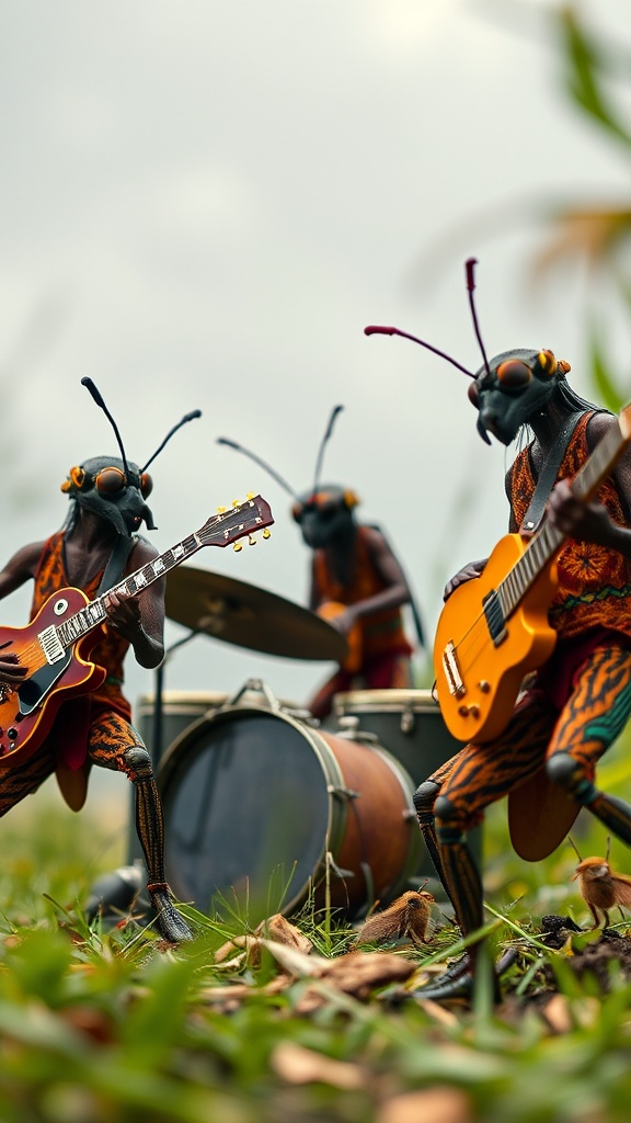 This whimsical image portrays anthropomorphic insects as a band, complete with guitars and drums, playing in a verdant outdoor setting. The insects are animated and full of expression, suggesting a lively and spirited performance. The backdrop of greenery and softly focused lighting adds a surreal and enchanting atmosphere.