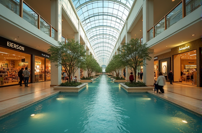 A modern shopping mall with a water feature and trees running down the center under a glass ceiling.