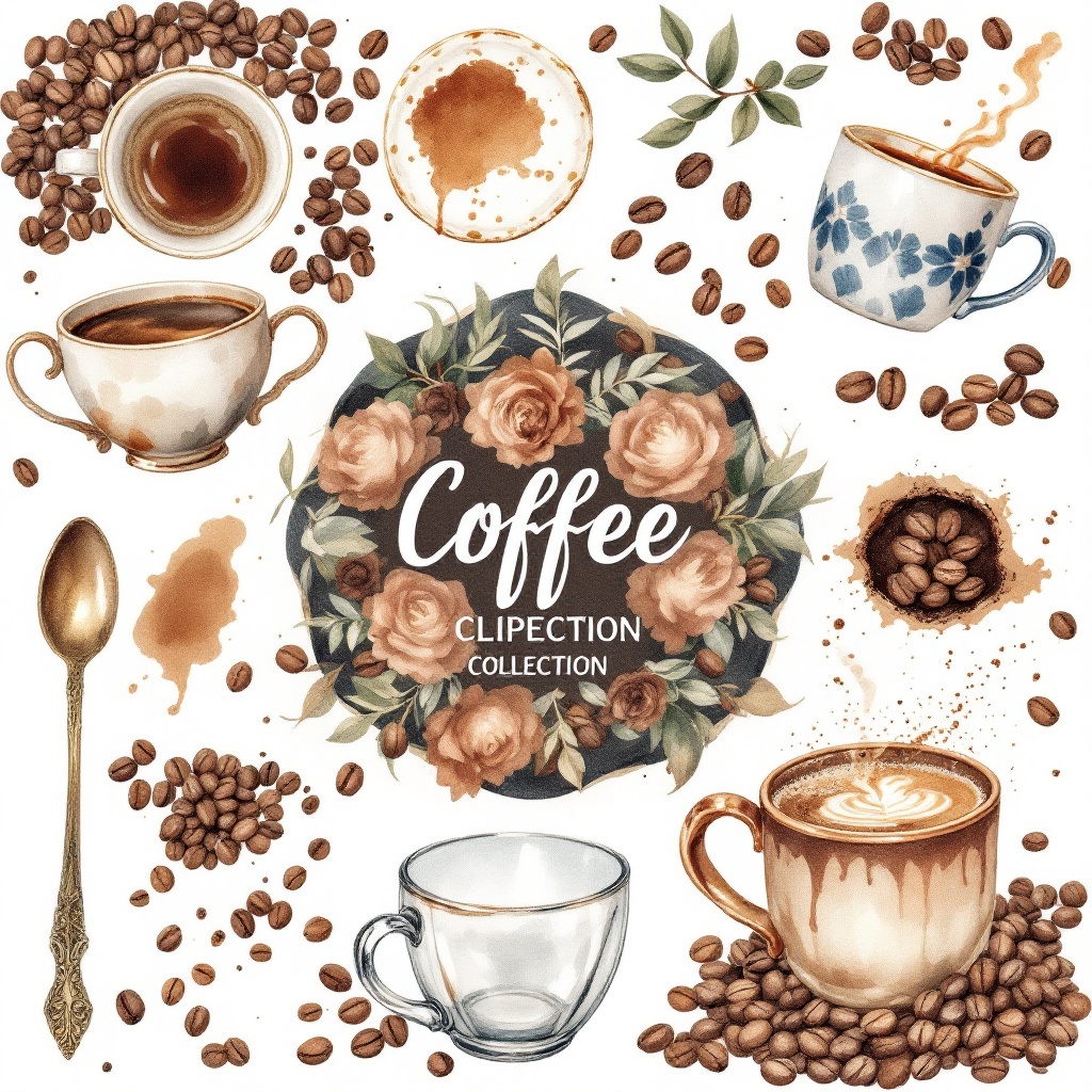 Watercolor coffee clipart collection in vintage style. Set of cup, glass mugs, coffee stain, spoon and coffee beans white background