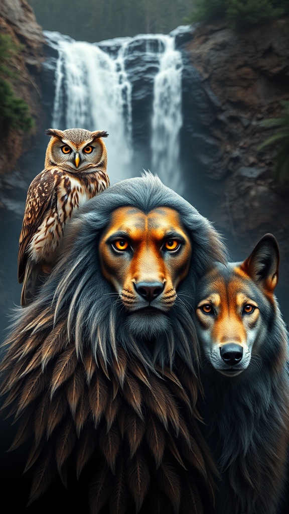 A majestic owl, lion, and wolf stand together in front of a cascading waterfall.