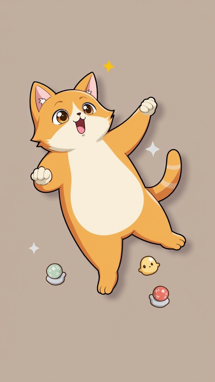 A cute cartoon cat jumping joyfully with small round objects and sparkle effects, in a kawaii style.