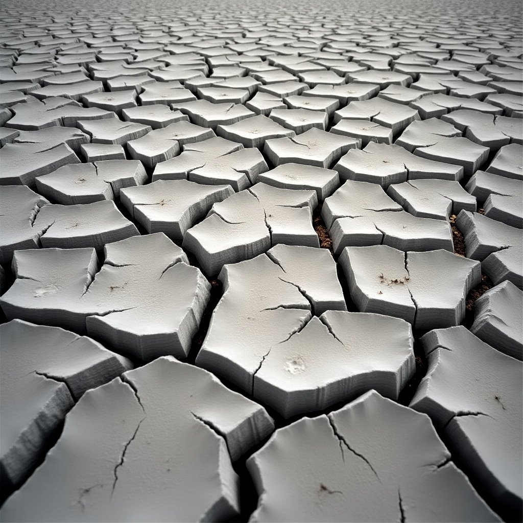 Close-up view of cracked dry ground with numerous fissures. Surface textures shown prominently. Ground has muted grayscale colors. Patches of soil visible between the cracks. Suggests effects of drought or extreme heat. Evokes feelings of desolation.