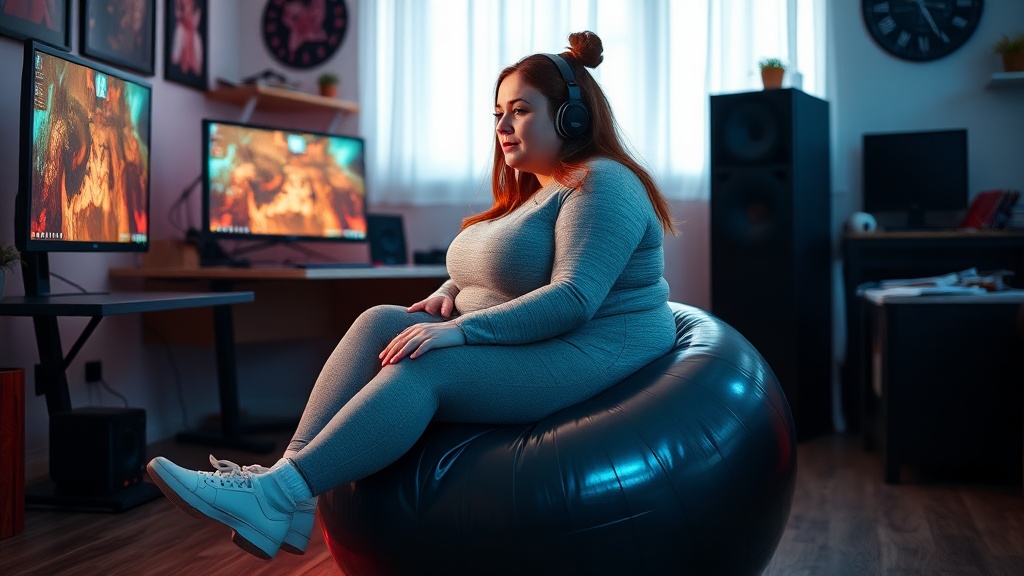 The image features a plus-size Danish woman sitting on a shiny black deflated yoga ball in her gaming room. She is wearing a cozy grey outfit and headphones, fully immersed in playing on her computer. The room is equipped with two monitors displaying vibrant game graphics. Natural light filters in through the windows, contributing to a warm atmosphere. This setup highlights a modern and comfortable gaming environment, showcasing diversity in the gaming community.