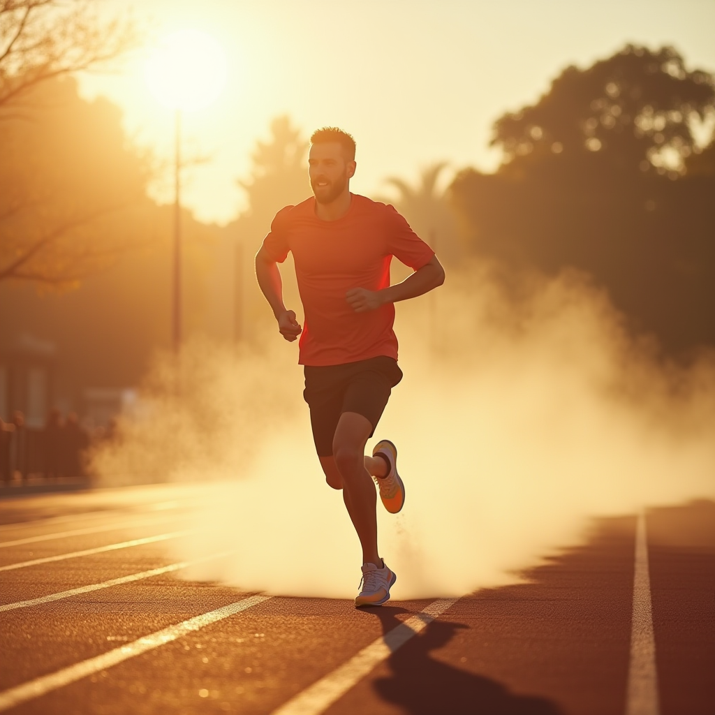 A man in a red shirt running on a track with a dramatic sunrise in the background.