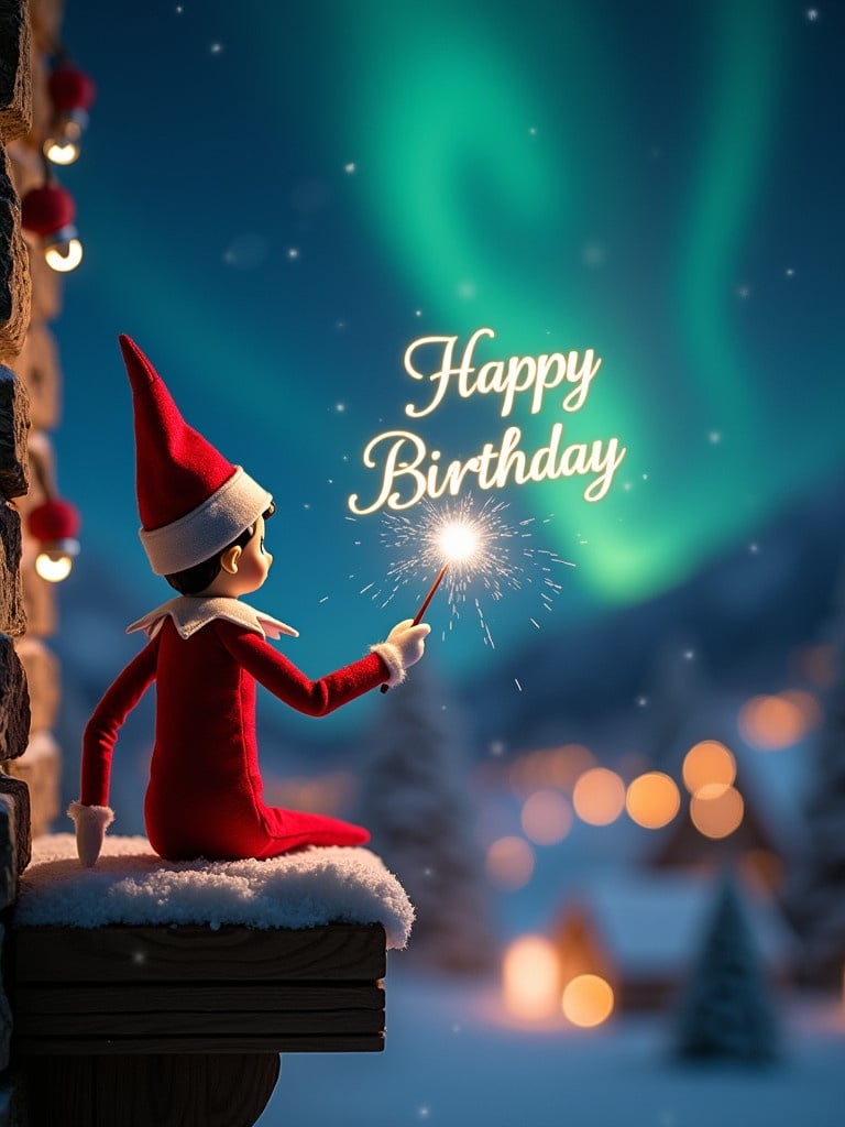 Elf on the shelf faces the sky. Uses wand to write Happy Birthday in the air. Magical Christmas background includes northern lights and festive decorations.