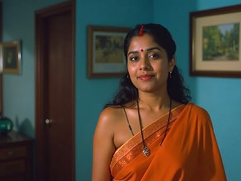 A woman is standing indoors, wearing a traditional outfit. She has a red bindi on her forehead and is looking directly at the camera. The background is a room painted in blue with a framed picture on the wall. There's a visible light source coming from the left, illuminating a part of the room. The setting appears to be warm and inviting.