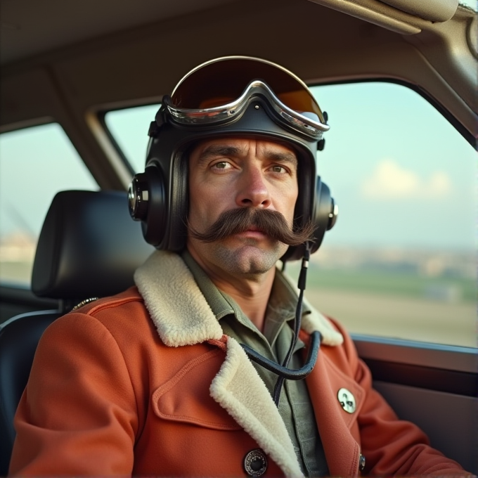 A man with a large mustache is wearing a vintage aviator helmet and goggles inside a car.