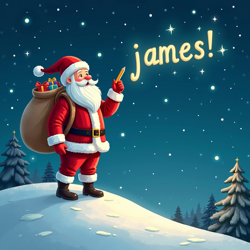 Santa Claus on snowy hill under starry sky. He writes names in sky with pencil. Large sack of gifts on back. Night bright with twinkling stars. 'james!' in whimsical font.