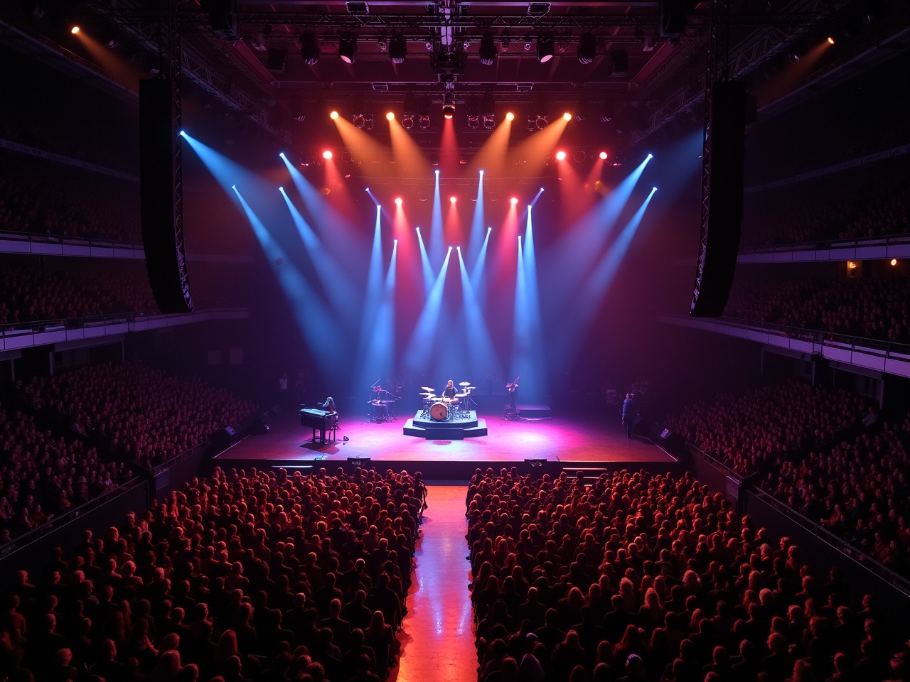 The image depicts a vibrant concert scene at Madison Square Garden featuring Roddy Ricch. A large crowd fills the arena, eagerly watching the performance. The stage is set with a T-shaped runway, highlighting the artist in the center. Bright, colorful lights cascade down from above, creating a captivating atmosphere. The camera captures this moment from a drone's perspective, providing an expansive view of the lively audience and the dynamic stage setup. The energy of the crowd is palpable, as the music resonates throughout the venue.