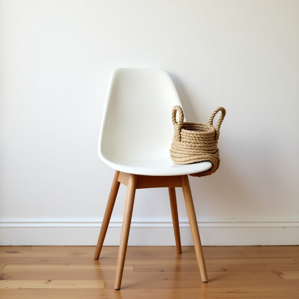 Modern white chair with wooden legs. Rope basket placed on the chair. Sitting on a wooden floor.