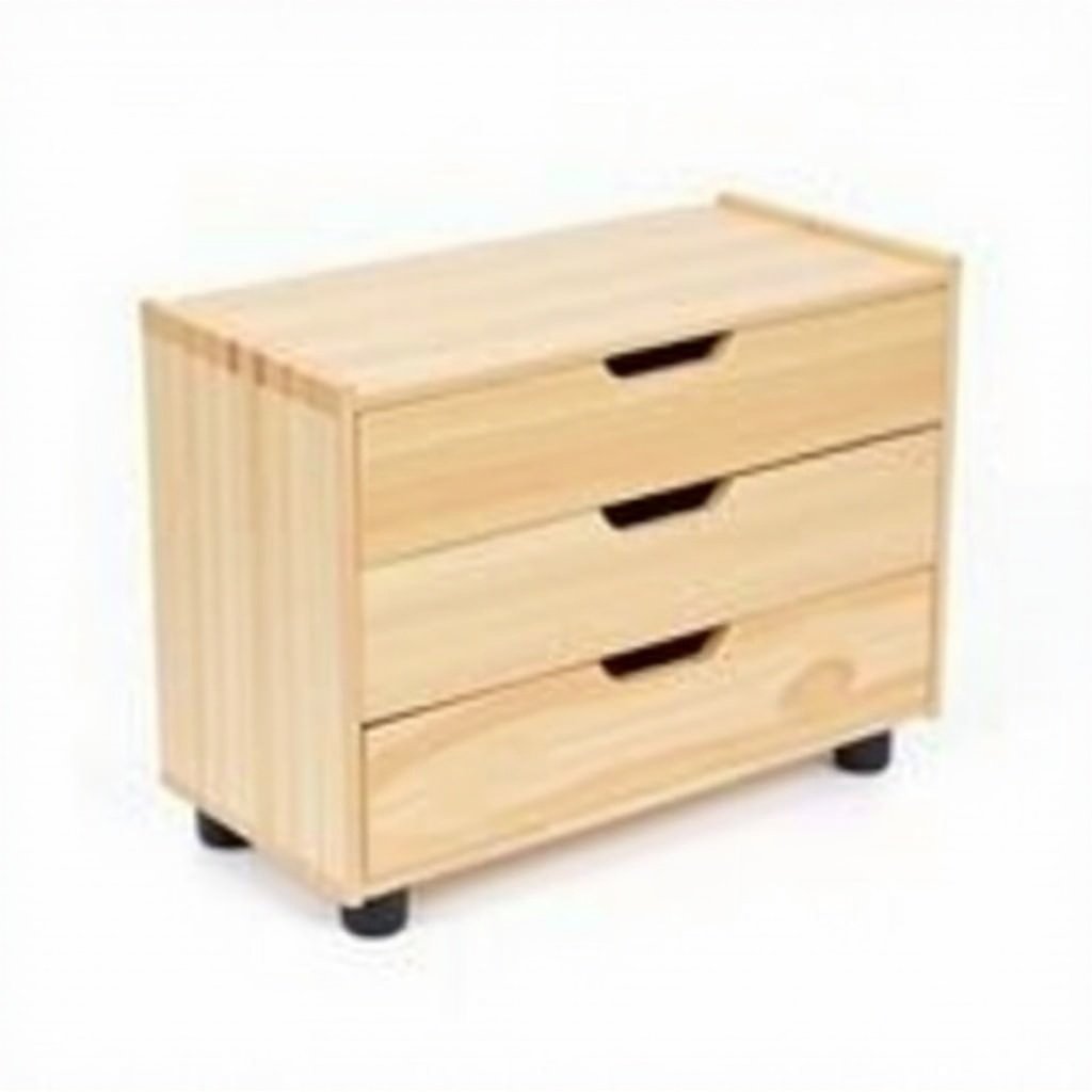 Image shows a wooden box with three drawers and removable cutting board. Box measures 30 cm long, 20 cm wide, and 10 cm high. Includes four rubber legs for stability.