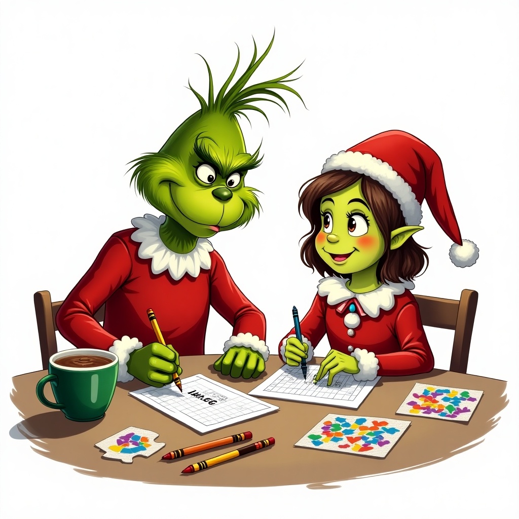 The Grinch and a girl dressed as an elf writing names with crayons at a table. Puzzles and coloring materials are present. A cup of hot chocolate in a Grinch mug is on the table. Transparent background.