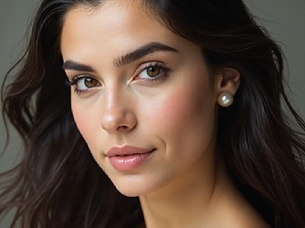 The image portrays a young woman with a serene expression, adorned in subtle makeup. Soft lighting casts gentle shadows, adding depth to her complexion. Her flowing dark hair frames her face, while a delicate pearl earring adds a touch of sophistication. This close-up portrait captures the beauty and elegance of the subject. The overall ambiance is calm and inviting, making it suitable for various marketing and editorial purposes.