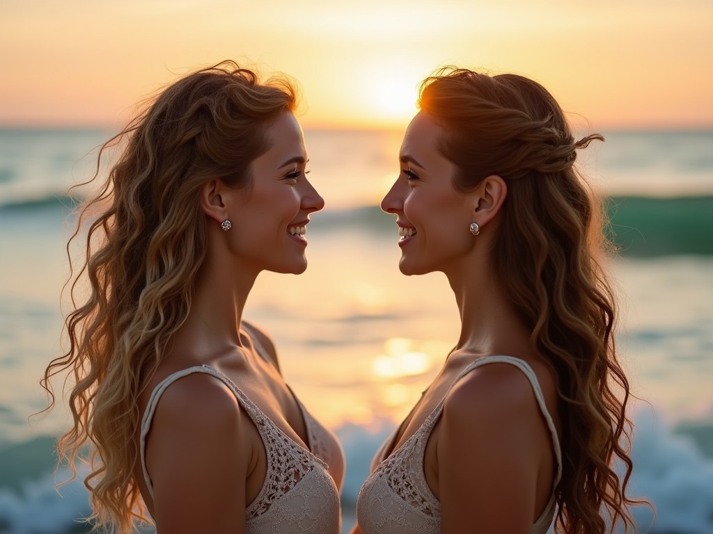 Two beautiful women with long, wavy, light brown hair stand facing each other on a beach at sunset. They are wearing light-colored, possibly lace or crocheted, tops. The woman on the left has lighter hair, while the woman on the right has slightly darker hair. Both are smiling softly and looking at each other, creating a warm, heartfelt connection. The sun is setting behind them, casting a warm, golden light that enhances the scene, while bokeh from the splashing waves adds a dreamy effect. The ocean is a striking teal color, providing a vivid contrast to the warm tones. The focus is on the women, with the background gently blurred to emphasize their beauty, and they wear small, delicate earrings that catch the light.