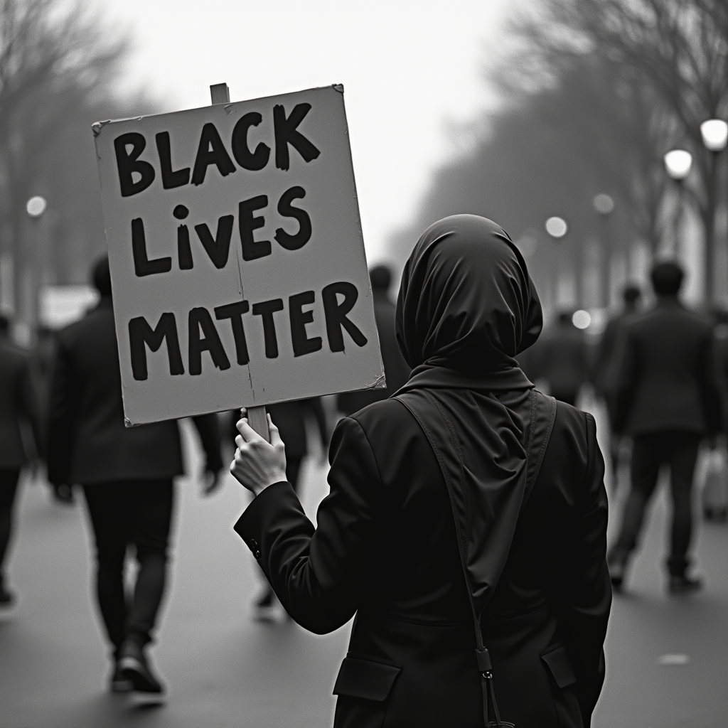 A person in a crowd holds a sign advocating for Black Lives Matter, showcasing a moment of activism and solidarity.