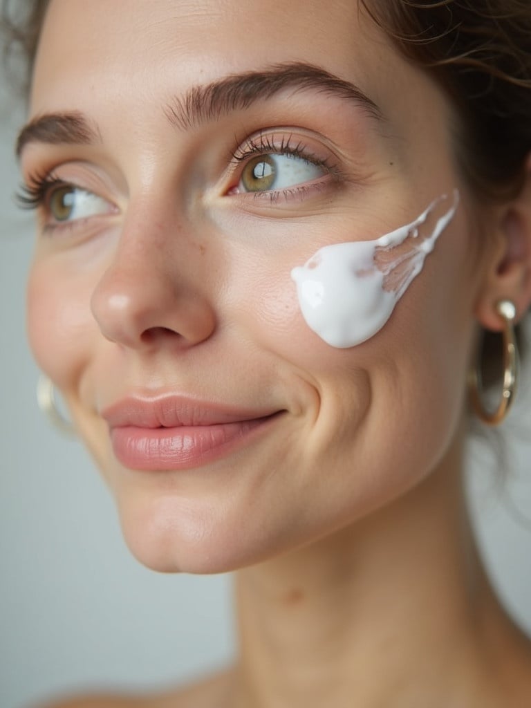 Cream falling on the skin of the face. Close-up view showing the texture and application of the cream.