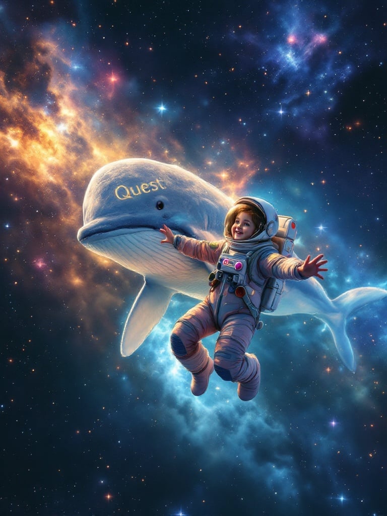 Scene depicts a joyful astronaut girl in a colorful space suit floating in a stunning cosmic backdrop. She reaches out to a giant ethereal whale that swims alongside her. The scene showcases twinkling stars and vibrant nebulae, capturing a sense of wonder. The girl's space suit features the word Quest embroidered in gold, symbolizing her adventurous spirit. Whimsical cosmic dust surrounds them, enhancing the dreamlike atmosphere.