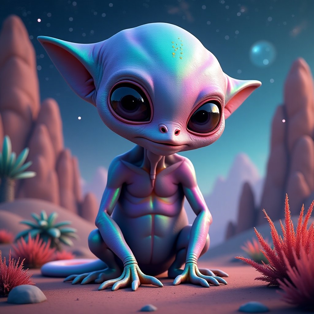 A colorful alien character sitting in a surreal landscape. The alien has large eyes and a unique pastel skin texture. The background features stylized rocks and plants.