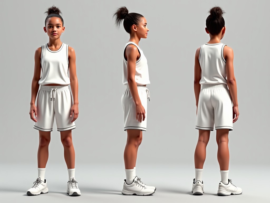 The image features a young girl in a basketball outfit, showcasing her from three different angles: front, side, and back. She is wearing a sleeveless white jersey and shorts, and athletic shoes. The background is minimalistic with a neutral gray tone. The girl exhibits an athletic stance, reflecting confidence and readiness. The overall tone and posture emphasize youthfulness and the spirit of sportsmanship.