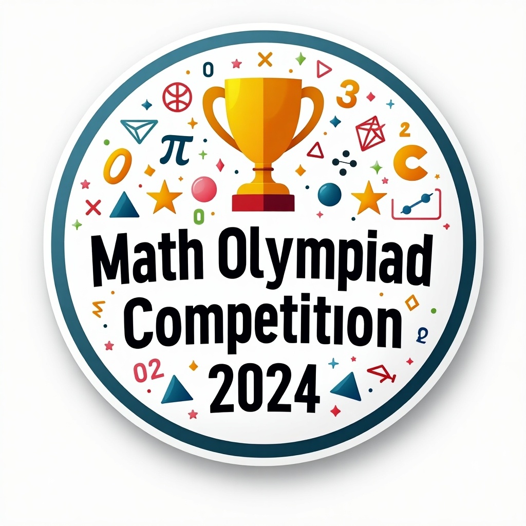 This image features a round sticker design for the Math Olympiad Competition 2024. At the center, there’s a golden trophy symbolizing achievement. Surrounding the trophy are various math-related symbols like numbers, geometric shapes, and mathematical icons, all in bright colors. The text 'Math Olympiad Competition 2024' is prominently displayed in bold, playful typography. The overall color scheme includes vibrant colors to appeal to young participants. This sticker design is suitable for event branding and participant recognition.