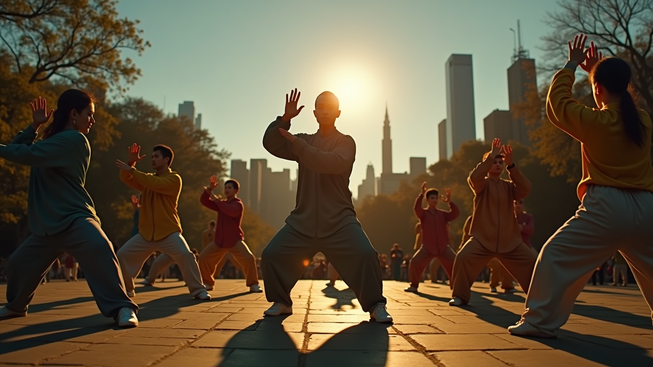 A group practices Tai Chi in Central Park. The setting sun creates a magical glow. The image captures the unity of the practitioners. An urban skyline rises in the background. The scene epitomizes wellness and cultural diversity.