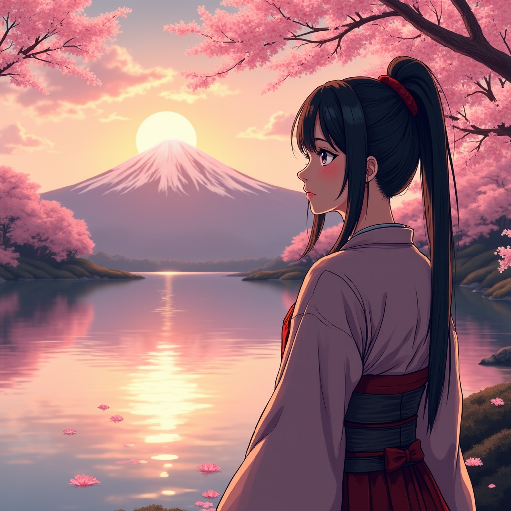 A serene scene of a woman in traditional attire by a lake with cherry blossoms and a sunset over a distant mountain.