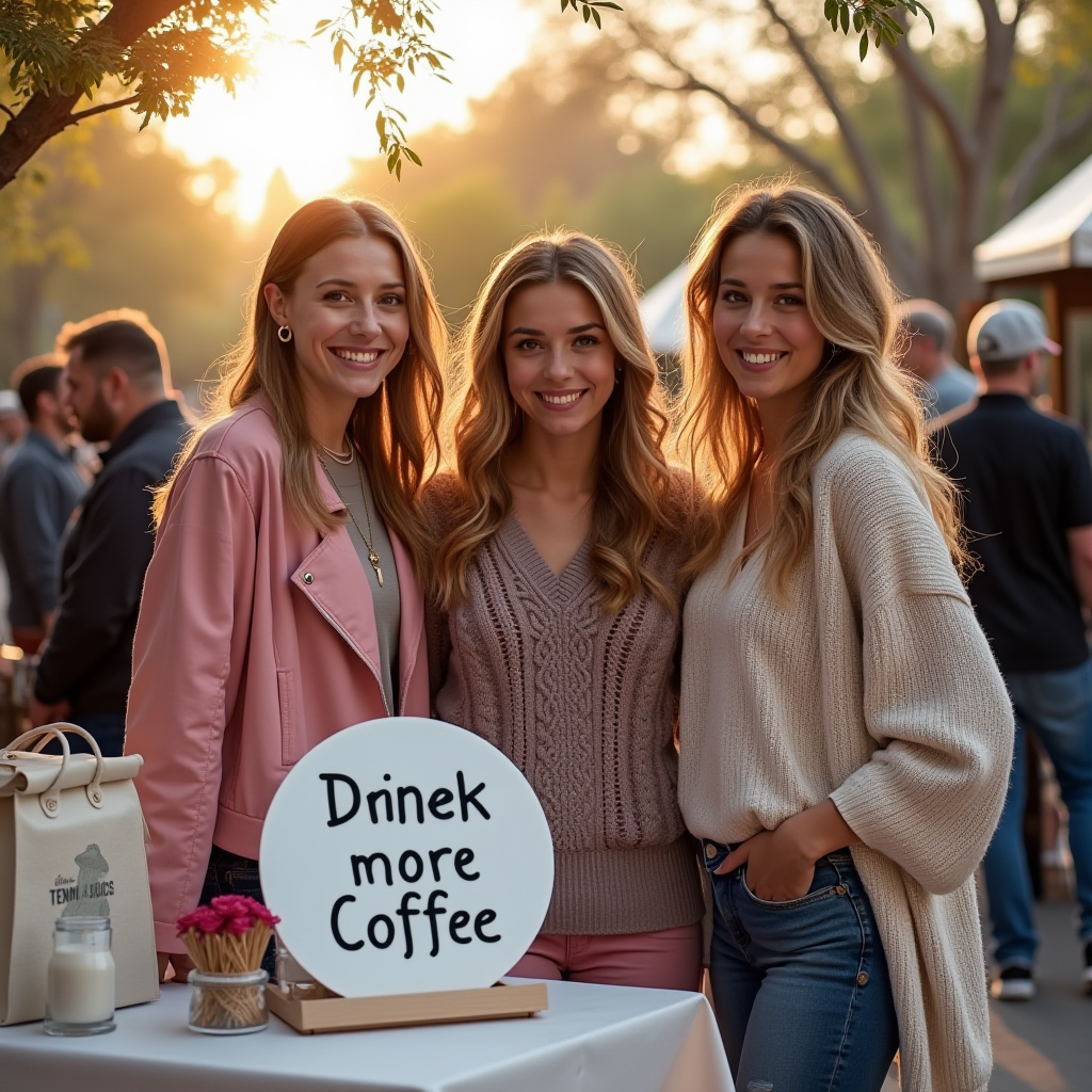 Three women smiling at a casual outdoor event with a sign humorously urging more coffee consumption.