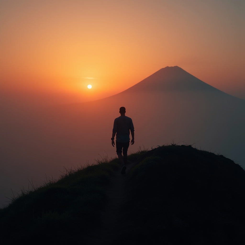 The image captures a solitary figure walking along a grassy mountain path, silhouetted against a stunning sunset. The setting sun bathes the scene in warm hues of orange and pink, creating a serene atmosphere. In the background, the majestic shape of a distant mountain peak looms through a soft haze, contributing to the tranquil and contemplative mood of the scene. The individual's stance suggests a moment of reflection or exploration, with the expansive sky and landscape emphasizing a sense of freedom and adventure.