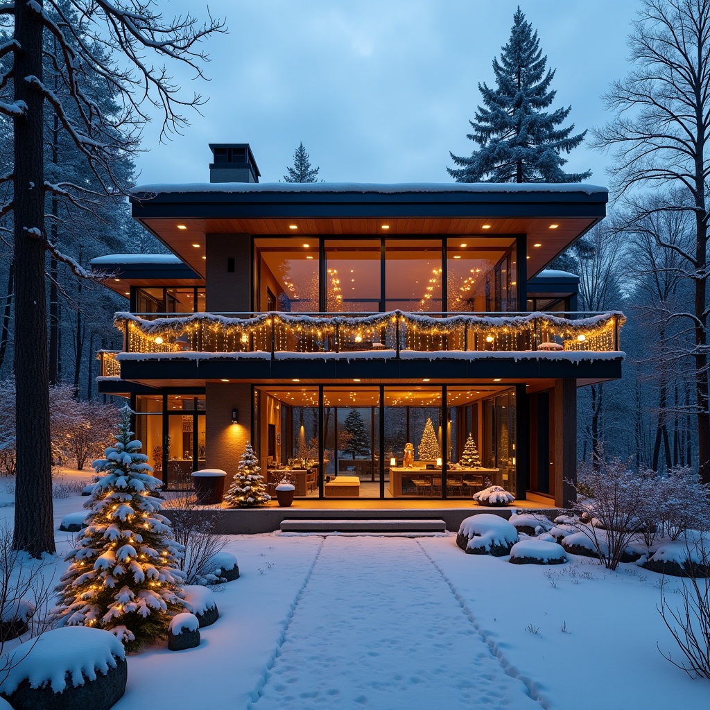 Modern glass home decorated for Christmas. Snow covers the landscape. Warm lights illuminate the interiors. Trees surround the house.