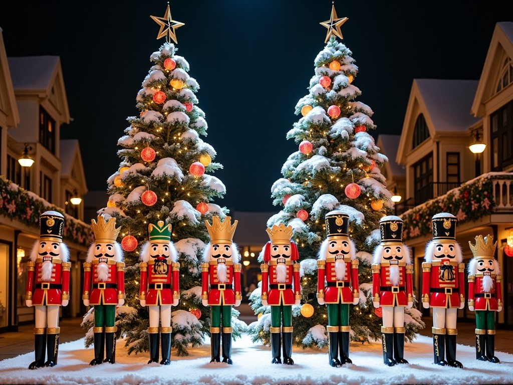 The image features two majestic 12-foot flocked Christmas trees adorned with colorful ornaments and topped with stars, creating a magical holiday atmosphere. In front of the trees stands a row of 8-foot nutcracker soldiers, each dressed in traditional festive attire, showcasing iconic poses. Flanking the nutcrackers are smaller 5-foot toy drums, adding to the whimsical charm of the scene. The soft snow underfoot enhances the coziness of the setting, while warm lights create a welcoming glow. This festive display captures the essence of Christmas celebrations and holiday spirit in a picturesque outdoor setting.