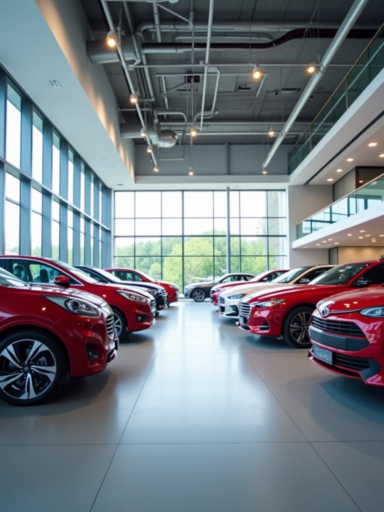 Modern car showroom interior features rows of sleek red and white cars. Bright lighting illuminates the space. Large windows provide an open view to the outside.