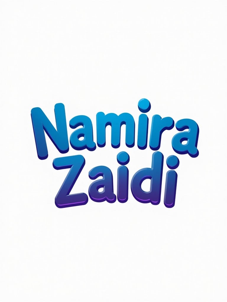 Stylized modern text logo for a children's video series named Namira Zaidi. The logo displays vibrant blues and purples. Creates two variants: one suitable for light themes and one for dark themes. The background is transparent, with a square ratio format.