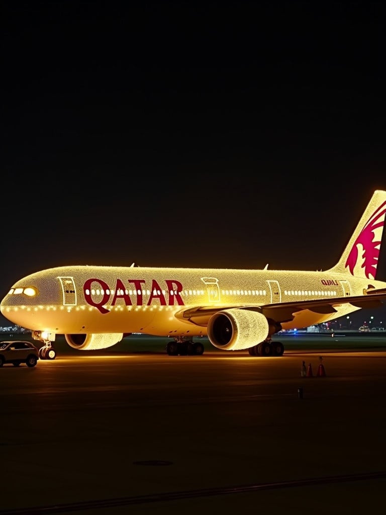 Nighttime scene of GULF AIR airplane with warm golden lights. Plane parked on airstrip with bold red 'QATAR' logo. Magical atmosphere with glowing lights covering entire plane. Dark background highlights airplane. Small figure and vehicle nearby show scale. Plane radiating warmth and elegance.