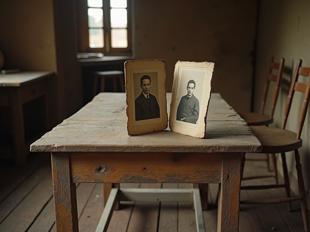 The image shows a rustic wooden table with two black-and-white vintage photographs. The portraits are of two men, each with distinct but formal attire. The setting is dim but the photographs stand out due to soft natural light from a nearby window. The background features simple wooden chairs and an unfinished wall, enhancing the vintage feel. This setting evokes a sense of nostalgia and history, highlighting the importance of memory. It invites viewers to ponder the stories behind the photographs and the lives of the subjects.