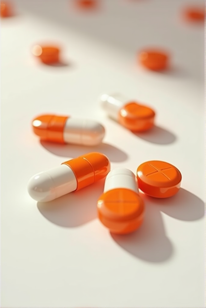 Several orange and white capsules are scattered on a well-lit surface, with some orange tablet halves visible in the background.