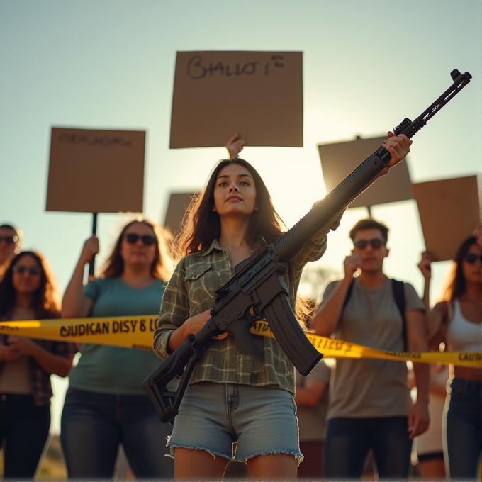 A person holds a rifle, standing confidently among a group of people with protest signs.