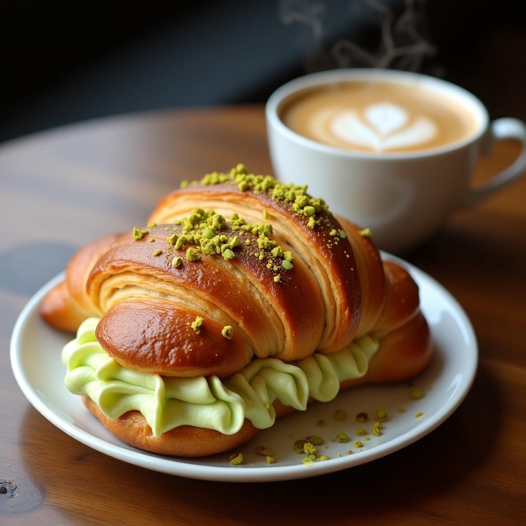 The image shows a delicious pistachio croissant with a creamy green filling, presented on a white plate. Next to it is a cup of coffee featuring a heart-shaped latte art. The croissant is topped with crushed pistachios, enhancing its visual appeal. The setting has a warm, inviting atmosphere created by soft lighting. The wooden table adds a rustic touch, complementing the gourmet theme. This arrangement is perfect for anyone looking to indulge in a sweet treat alongside coffee.