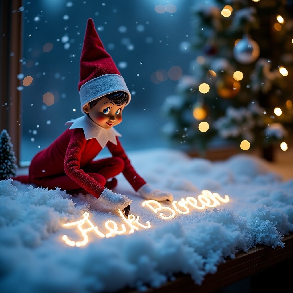 An elf on the shelf is playfully writing names in the snow. The scene captures a cozy, Christmas feeling. The elf is dressed in a classic red outfit with a white collar, surrounded by soft, fluffy snow. Magical lights outline the names 'Carter, Josie, Alek, and Max' in elegant cursive. The background includes a softly lit Christmas tree, adding a festive ambiance. The photo conveys joy, whimsy, and the spirit of the holiday season.