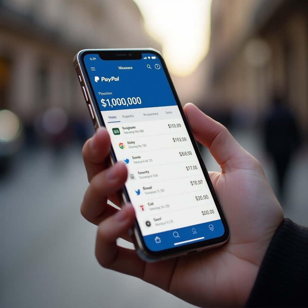 Image shows a hand holding an iPhone with the PayPal app open. The screen displays $1,000,000 balance and transaction list. Soft natural lighting enhances app details. Background suggests urban setting. Emphasizes convenient finance management.