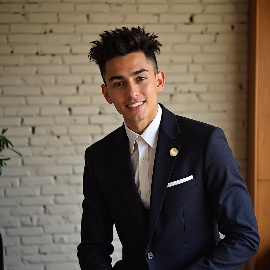 The image features a young man named Alfie-Jae, dressed sharply in a black suit with a white shirt. He has styled hair and a friendly smile that exudes confidence. The background showcases a modern interior with a textured wall, enhancing the professional setting. Alfie-Jae poses slightly to the side, holding a relaxed posture, which adds a casual touch to his formal attire. This portrait is perfect for representing young professionals in a business context or fashion-oriented projects.