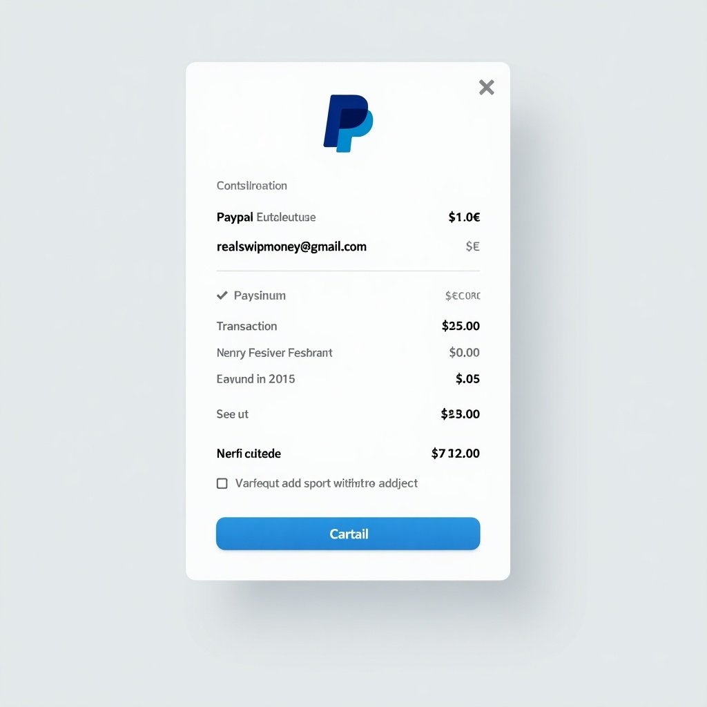 Generate a visual representation of a PayPal payment proof. Display a transaction of 10€ sent to the email realswipmoney@gmail.com. Include a PayPal logo and transaction details. Use an inviting layout with a soft background.