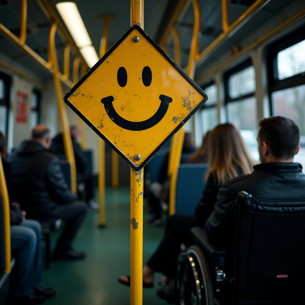 A yellow sign with a black smiley face is inside a bus with seated passengers.