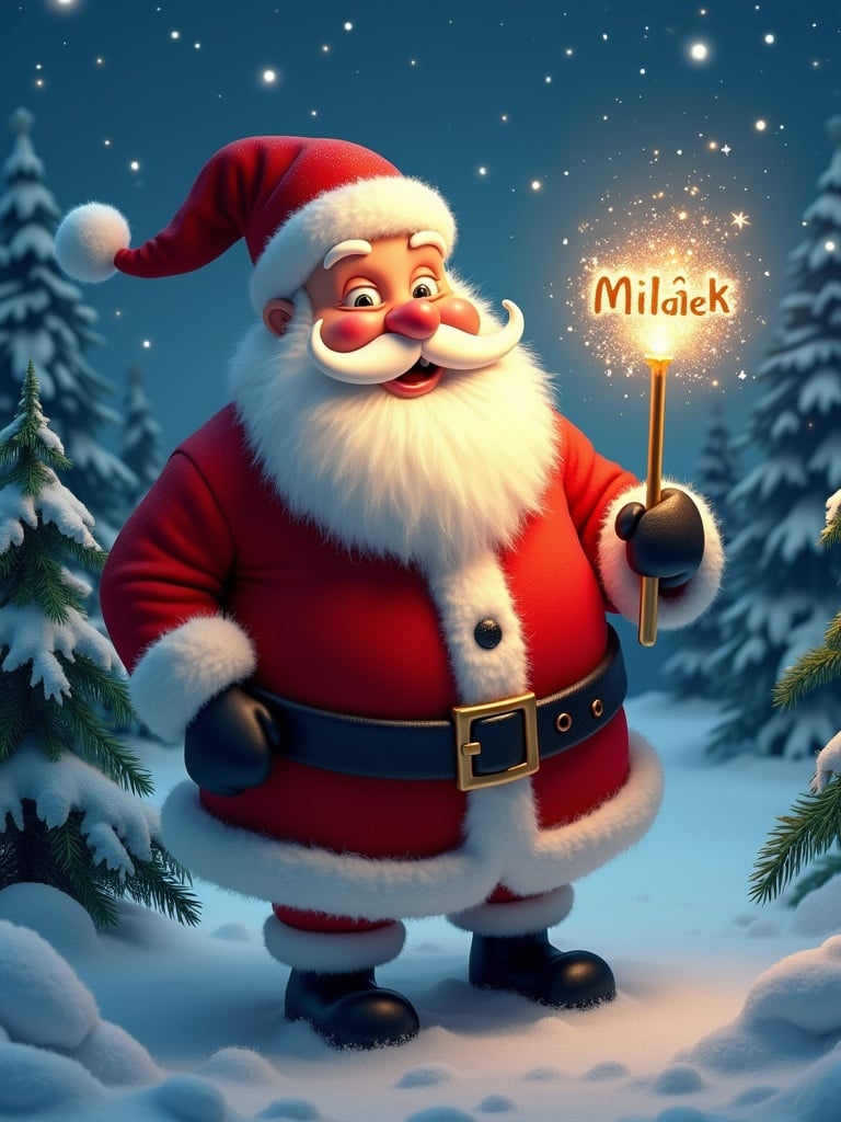 Jolly Santa Claus stands in a snowy landscape. He holds a magical wand that shines sparkles forming name Miláček. Dressed in a red suit with white fur trim. His eyes twinkle joy. Background features snow-covered evergreen trees and a starry sky. Atmosphere is festive and magical.