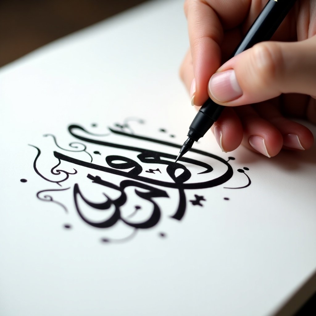 Close-up of a hand writing Arabic calligraphy with a pen. The calligraphy is in bold black ink on white paper. The hand appears steady and focused on creating intricate letters. Surrounding designs enhance the artwork. Soft lighting highlights pen strokes.