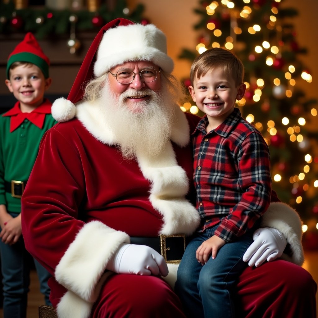 Boy sitting on Santa Claus lap. Festive Christmas setting. Decorated Christmas tree in the background. An elf in the scene.