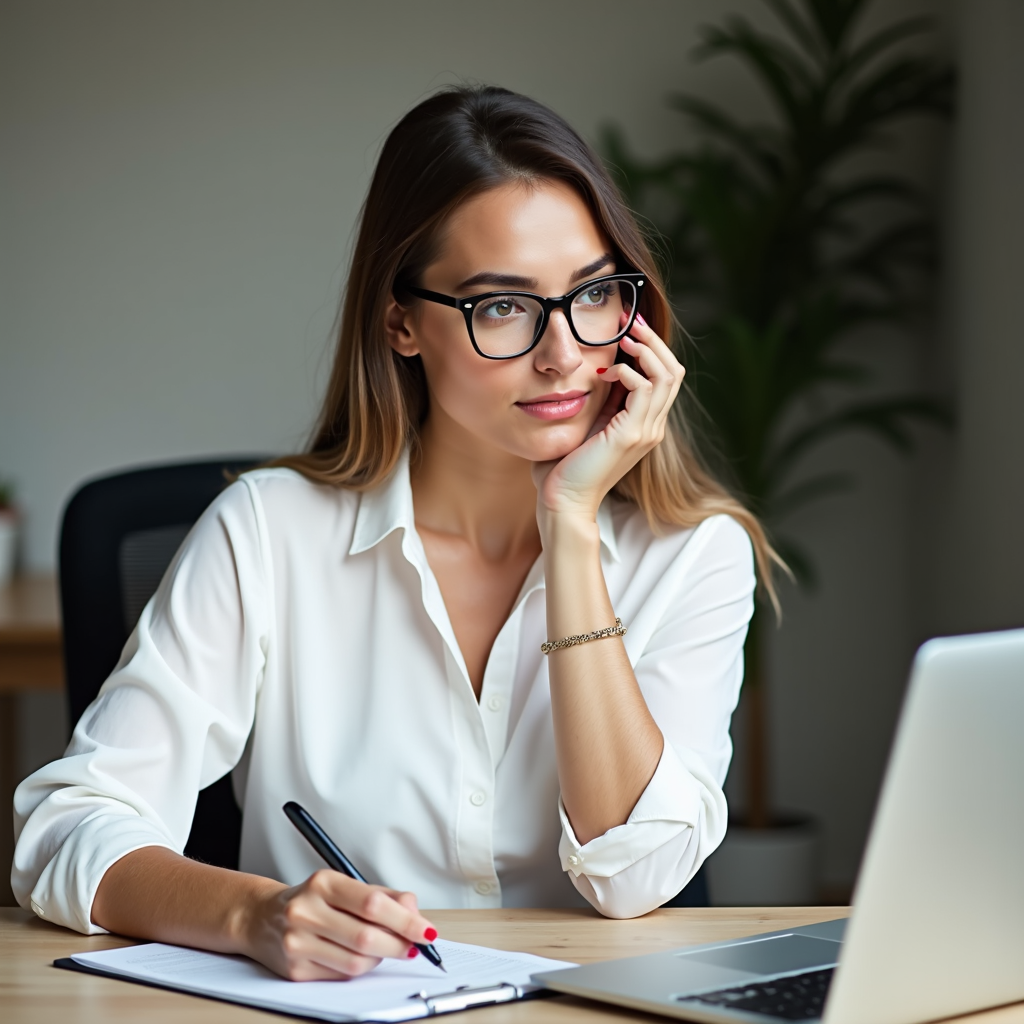 A thoughtful woman in glasses sits at a desk with a laptop and notebook, pen in hand, in a well-lit room with a plant in the background.