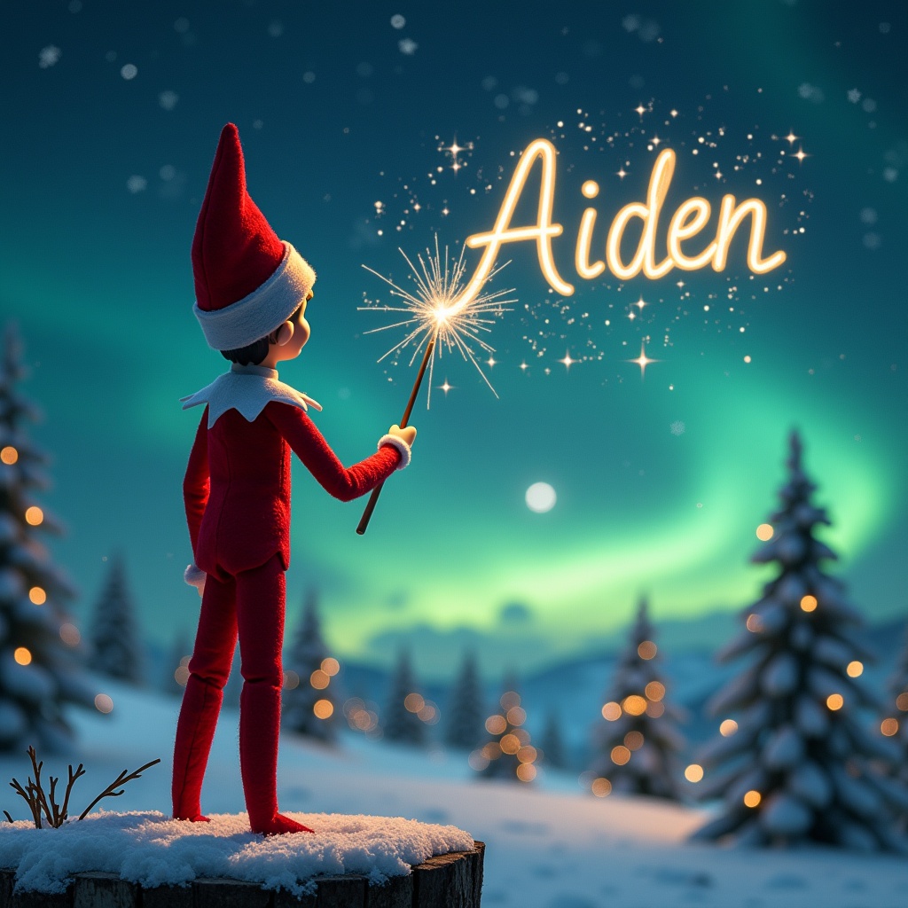 The image features an elf on the shelf standing with his back to the viewer, gazing up at the sky. The elf is adorned in a traditional red outfit and a pointed hat, holding a magic wand. He is writing the names 'Aiden' and 'Payton' in the starlit sky, surrounded by shimmering sparkles. In the background, there are magnificent northern lights illuminating the night, setting a magical atmosphere. Snow-covered trees and twinkling lights create a festive Christmas ambiance.